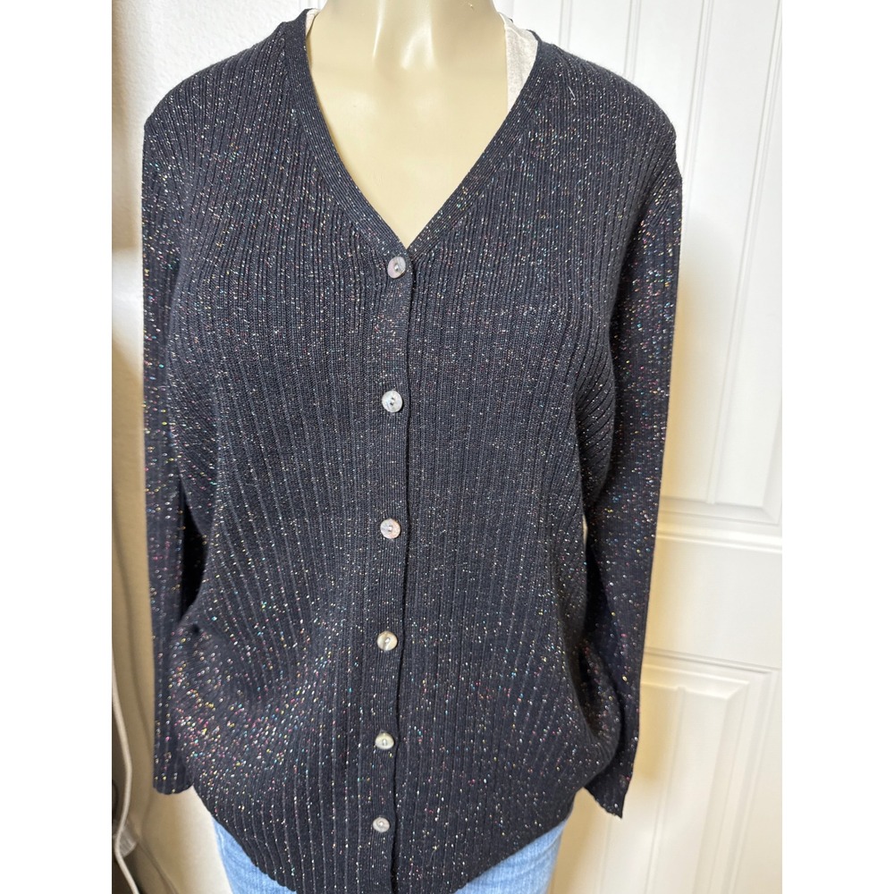 Karen Scott Womens Black Metallic Sparkle Ribbed V Neck Cardigan Sweater M